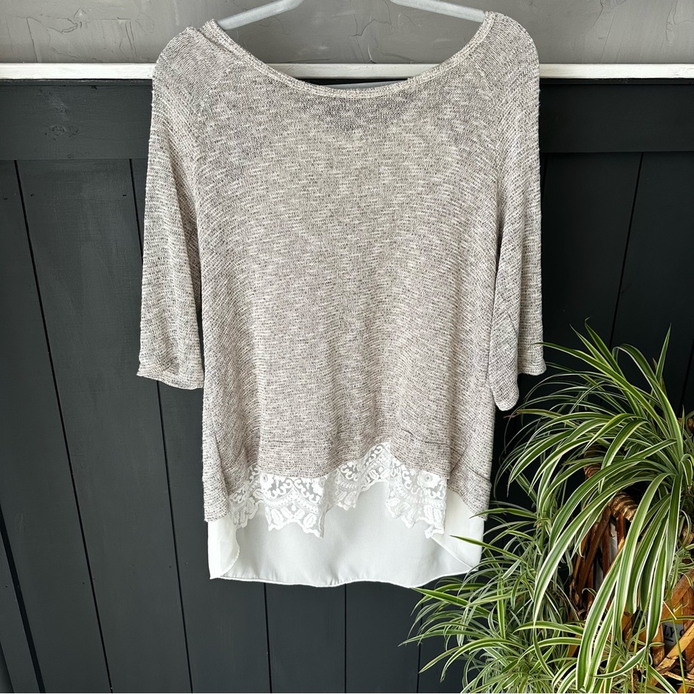 Nouvida Knit Tunic Top Lace Detail Grey Tan Cream size XL‎